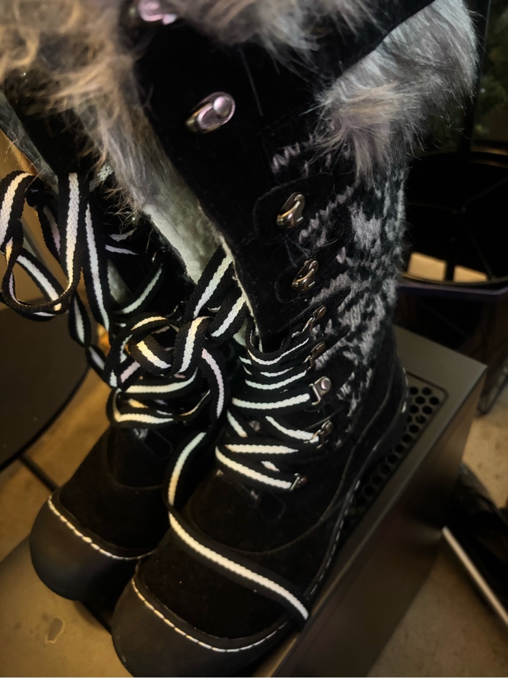Black Faux-Fur Trim Kids Winter Lace-Up Boots